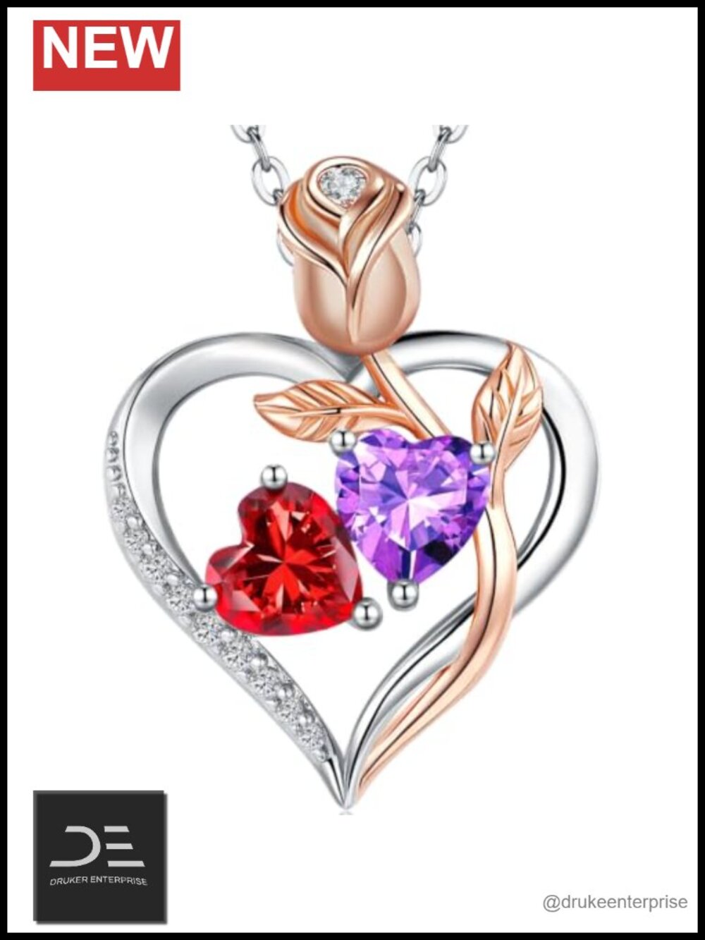 18K White Gold Plated Sterling Silver Dual Birthstone Pendant Necklace